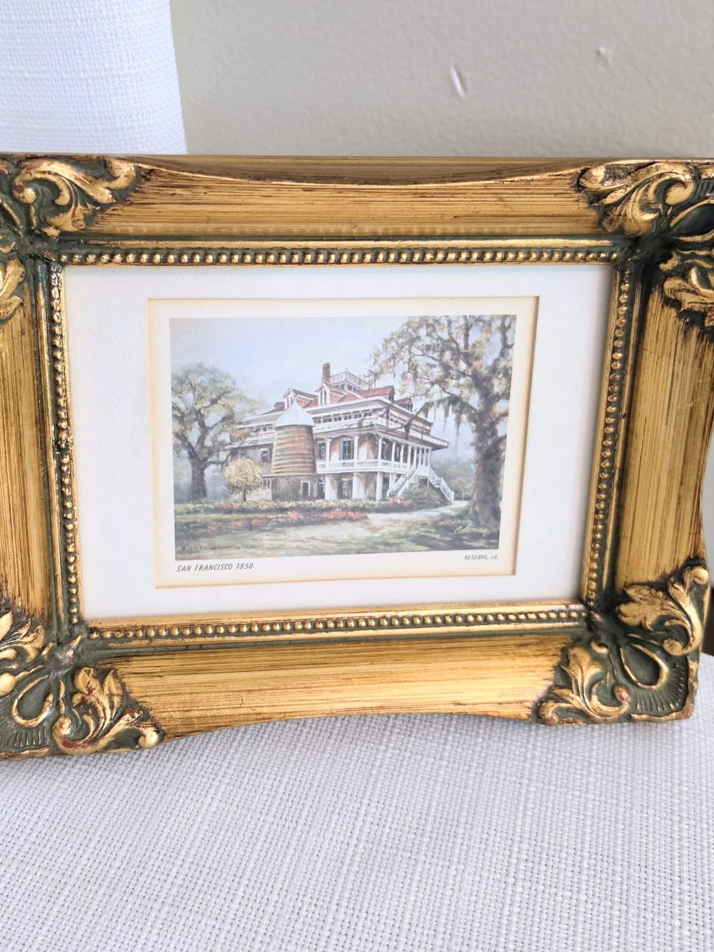 Vtg 1850s Victorian Home Print Plastic Gold Ornate Matted Frame 7x8.75 In 1960s